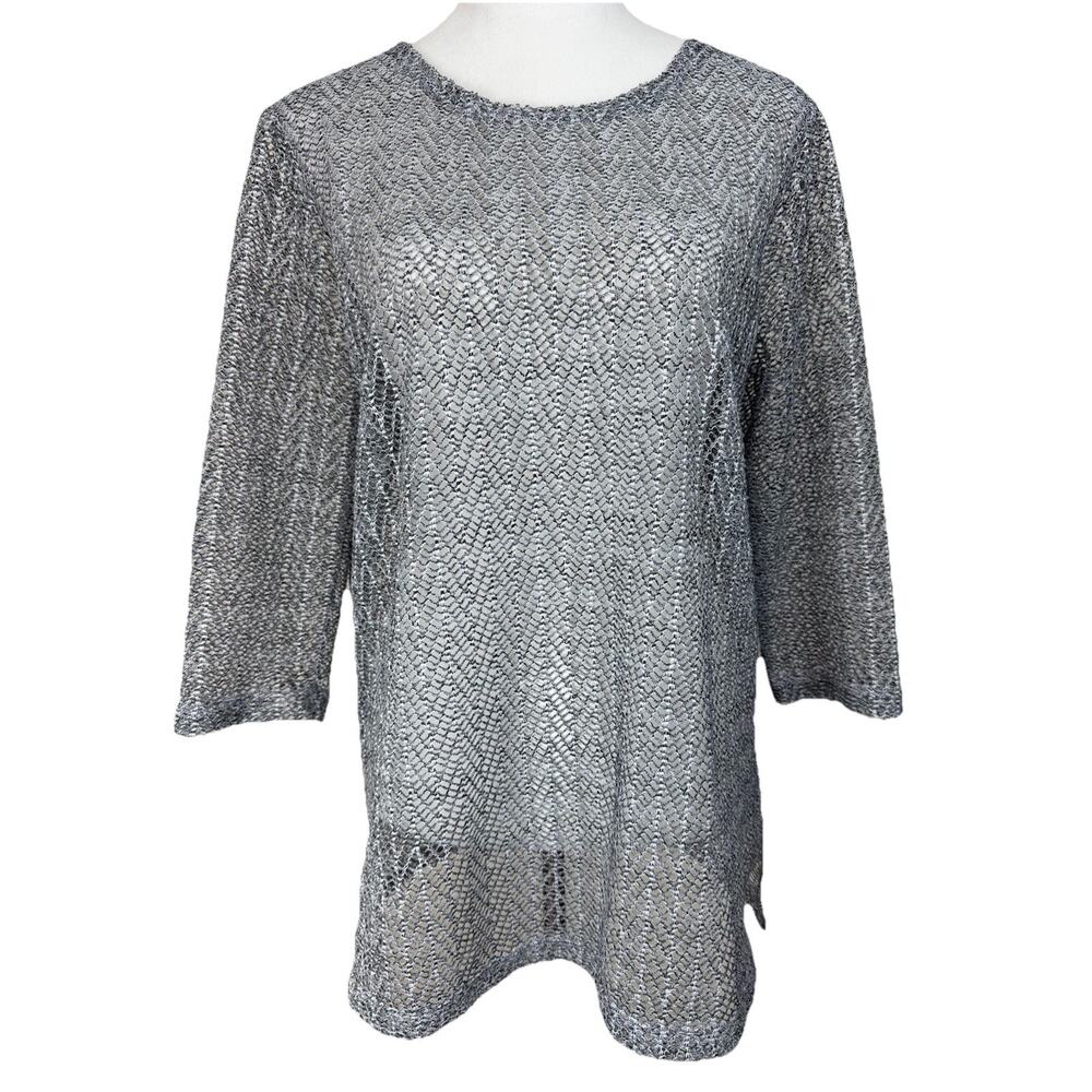 Blair Women's Open Knit Top Swim Suit Cover Up Sz M Black Gray 3/4 Sleeves